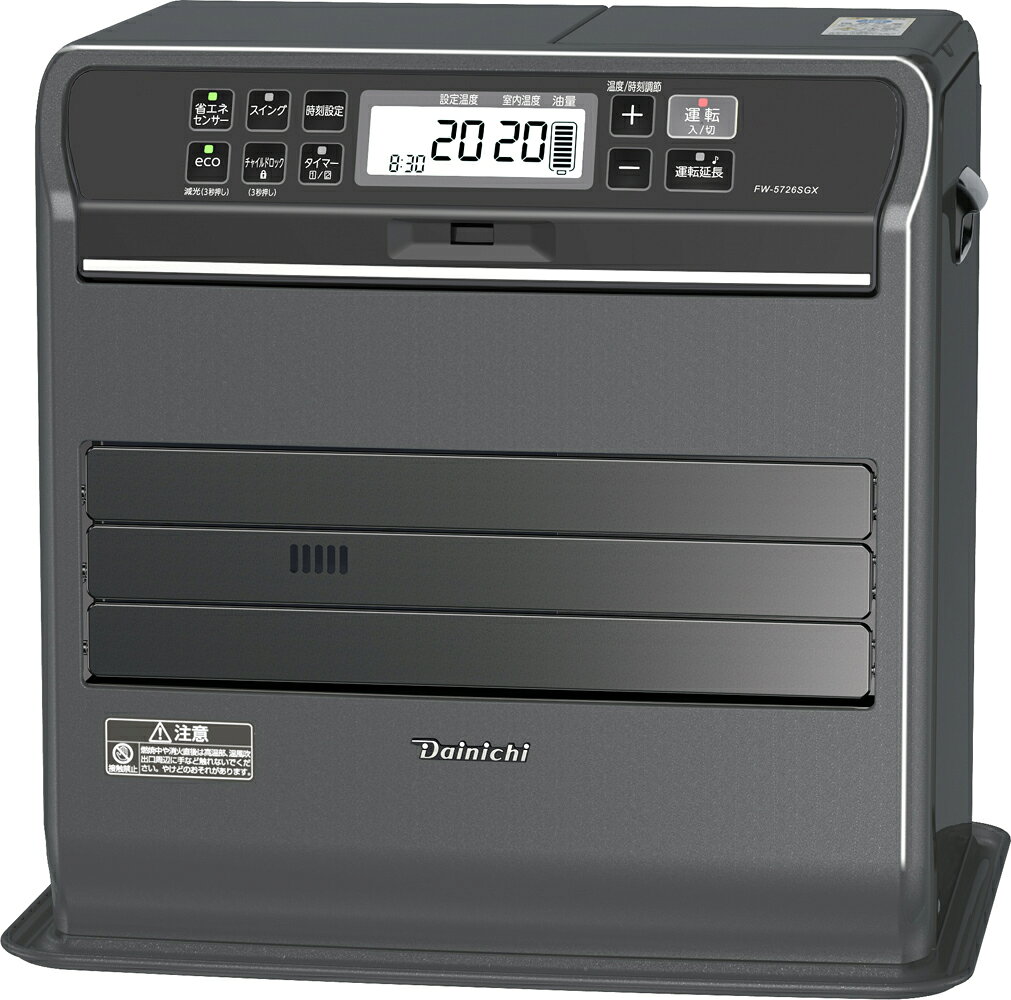【返品種別A】□「返品種別」について詳しくはこちら□■新製品■2026年08月 発売メーカー保証期間 3年【石油ファンヒーターを長く、快適にお使い頂くために】・シリコン配合製品を使用しないシリコンを配合した製品（ヘアスプレーなどのヘアケア製品・化粧品・柔軟剤・つや出し剤など）を使用するとシリコンが本体内に吸収され着火しない、途中消火などの症状の原因となります。ファンヒーターをご使用のお部屋ではシリコン配合製品はご使用にならないようお願いいたします。※ヘアケア製品を塗布した髪を乾かさずに石油ファンヒーターをご使用の部屋に戻り、自然に乾いた場合や柔軟剤を使用した洗濯物を石油ファンヒーター使用中の部屋で部屋干しした場合にも可能性があります。・新しい灯油を使用し、正しく保管変質灯油（昨年から持ち越した灯油など）や不純物（水やゴミ）が混入した灯油などは使用しないで下さい。異常燃焼や故障の原因になります。新しい灯油を使用し、保管の際は紫外線を通しにくい色つきの灯油ポリタンクで、火気・雨水・ごみ・高温・日光を避けた場所に置きましょう。※これらの原因による故障の場合は保証期間内であっても有償修理となります。◆快温トリプルフラップでお部屋全体を快適に暖める3枚の動くフラップで、温風を遠くまで運んでお部屋全体、ムラを少なく暖めます。◆かんたんフィルタークリーナーフィルターを上下にスライドすることでファンフィルターを簡単にお掃除できます。◆40秒スピード着火＆オートターボEX運転ですばやく暖める保温なし、運転ボタンを押したらわずか40秒で着火。さらに寒い場合は最大火力を10〜15％アップすることで、冷え切ったお部屋をすばやく暖めます。◆秒速消臭システムプレミアムでニオイ少なく快適にバーナの高温時間を長くすることで、ニオイの元である燃え残ったガスをしっかりと燃やしきります。もともと少ないニオイがさらに少なく快適です。◆Wエコプラスで省エネ室温変化をみる「ecoおまかせモードプラス」と、人の動きをみる「省エネセンサー」で灯油代を節約しながら快適にお部屋を暖めます。◆8段階油量モニターで灯油の残量をチェック灯油の残量が8段階で分かるので、タンクを持ち上げずにひと目で確認できます。余裕をもった給油ができるので灯油切れにより慌てる心配がありません。◆大容量9Lタンクで面倒な給油回数削減灯油が1度に9L入るから、寒い場所での給油回数が少なくすみます。タンクの上下にとってがあるので両手でしっかり持つことができ、持ち運びも便利。◆ワンタッチ汚れんキャップが給油作業を快適にワンタッチでカンタンにキャップの開け閉めができます。◆大型白色バックライト液晶が見やすい大型で明るく読みやすく、遠くからでも確認しやすい液晶です。■　仕　様　■暖房の目安…　・木造：15畳(25m2)まで　・コンクリート：20畳(33m2)まで暖房出力(最大〜最小)：5.70〜1.23 kW燃料消費量(最大〜最小)：0.554〜0.120 L/h給油タンク容量：9.0L本体寸法：幅476×奥行413×高さ445mm本体質量：13.8kg消費電力(50/60Hz)…　・点火時：410/410 W　・燃焼時(強〜弱)：191/191〜80/80 W　・待機時：1.0/1.0 W燃焼継続時間(強〜弱)：16.2〜75.0 時間運転音(強/弱)：41/25 dB[FW5726SGXK]ダイニチシーズン・空調家電＞石油・ガス暖房機＞石油ファンヒーター＞木造11畳用以上・まごころ長期修理保証(保証5年)［加入料：対象商品代金の5%］商品「FW-5726SGX-K」専用加入料(※加入料のみ注文不可)※対象商品と専用加入料を分けてのご注文は承れません。上記リンク先の専用加入料と一緒にご注文して下さい。※長期修理保証についての詳細・注意事項はこちらのページをご一読下さい。