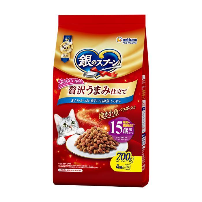 【返品種別B】□「返品種別」について詳しくはこちら□※仕様やパッケージは、リニューアルなどの理由で変更になっている場合がございます。予めご了承下さい。※お手元に届きました商品(パッケージ)の原材料や成分などの仕様を、必ず開封前にご確認の上、ご使用下さい。◆お魚のうまみをギュッと閉じ込めた粒に、かつお節・挽き小魚パウダー入りの風味豊かなおいしさと栄養バランスを考えたドライフードです。◆腎臓の健康維持に配慮。◆15歳頃からの愛猫の健康に配慮した栄養バランス。◆必須脂肪酸オメガ6とオメガ3のバランスを調整。◆猫の健康維持に必須成分であるタウリンを配合。◆おいしさと風味を逃さない小分けパック。■原材料：穀類(トウモロコシ、コーングルテンミール、小麦粉、パン粉)、肉類(ポークミール、ビーフミール、チキンミール、チキンエキス)、動物性油脂、魚介類(フィッシュエキス、フィッシュミール、煮干パウダー、かつお節、まぐろミール、かつおミール、白身魚ミール、乾燥シラス)、豆類(大豆)、セルロースパウダー、糖類(オリゴ糖)、酵母、酵母エキス、ミネラル類(カルシウム、塩素、コバルト、銅、鉄、ヨウ素、カリウム、マンガン、ナトリウム、リン、亜鉛)、調味料、ビタミン類(A、B1、B2、B6、B12、C、D、E、K、コリン、ナイアシン、パントテン酸、ビオチン、葉酸)、着色料(二酸化チタン、赤色102号、赤色106号、黄色4号、黄色5号)、アミノ酸類(タウリン)、酸化防止剤(ミックストコフェロール、ハーブエキス)■保証成分：タンパク質30.0％以上、脂質16.0％以上、粗繊維3.0％以下、粗灰分7.0％以下、水分10.0％以下■エネルギー：約400kcal/100g原産国：日本ユニ・チャーム広告文責：株式会社Joshin(06-6633-1111)日用雑貨＞ペット＞猫＞キャットフード