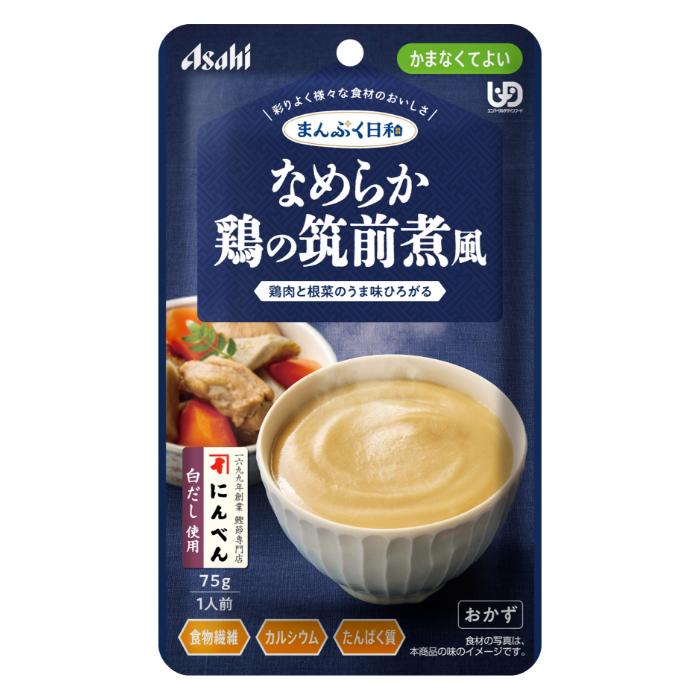 【返品種別A】□「返品種別」について詳しくはこちら□※仕様やパッケージは、リニューアルなどの理由で変更になっている場合がございます。予めご了承下さい。※お手元に届きました商品(パッケージ)の原材料や成分などの仕様を、必ず開封前にご確認の上、ご使用下さい。◆鶏肉とごぼう、にんじん、たまねぎをなめらかに裏ごしました。◆にんべんの「白だし」を使用し、鶏肉と根菜のうま味がひろがる味わい。◆食物繊維、カルシウム入り。◆調理済みですので、温めずにそのままでも召し上がれます。温め方は、商品パッケージ裏をご覧ください。■内容量：75g■原材料名：野菜(ごぼう、にんじん)、植物油脂(国内製造)、ごぼうペースト、小麦たんぱく加水分解物、水溶性食物繊維、たまねぎペースト、砂糖、発酵調味料、しょうゆ、大豆たんぱく、白だし(さばを含む)、クリーミングパウダー(乳成分を含む)、チキンエキス、鶏ひき肉/増粘剤(加工デンプン、キサンタン)、炭酸Ca、調味料(アミノ酸等)■1袋(75g)当たりの栄養成分：エネルギー 77kcal、たんぱく質 4.3g、脂質 3.8g、炭水化物 7.9g、糖質 4.7g、食物繊維 2.3〜4.1g、食塩相当量 0.62g、カルシウム 86mg■アレルギー物質(28品目中)：小麦・乳成分・さば・大豆・鶏肉アサヒグループ食品広告文責：株式会社Joshin(06-6633-1111)日用雑貨＞介護・衛生用品＞介護＞食事＞食品