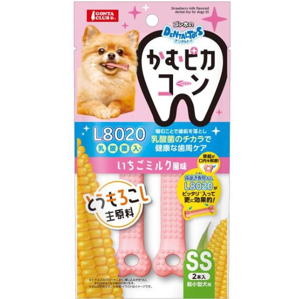 【返品種別B】□「返品種別」について詳しくはこちら□※お手元に届きました商品(パッケージ)の原材料や成分などの仕様を、必ず開封前にご確認の上、ご使用下さい。※仕様及び外観は改良のため予告なく変更される場合がありますので、最新情報はメーカーページ等にてご確認ください。◆主原料はとうもろこしで作られたいちご風味のデンタルおもちゃです。◆噛むことで歯垢を落としL8020乳酸菌のチカラで健康な歯周ケア。◆歯磨き専用ガムL8020を入れて更に効果的にデンタルケア。◆おやつを入れて遊びながらデンタルケアできます。■材質コーンスターチ、エンドウ豆、グリセリン、L8020乳酸菌発酵物(デキストリン、米発酵エキス)、香料、着色料■本体サイズ(約)：W26×D16×H95mm■適応種超小型犬原産国：中華人民共和国マルカン広告文責：株式会社Joshin(06-6633-1111)日用雑貨＞ペット＞犬＞ドッグ用品＞胴輪・衣類・アクセサリー＞おもちゃ