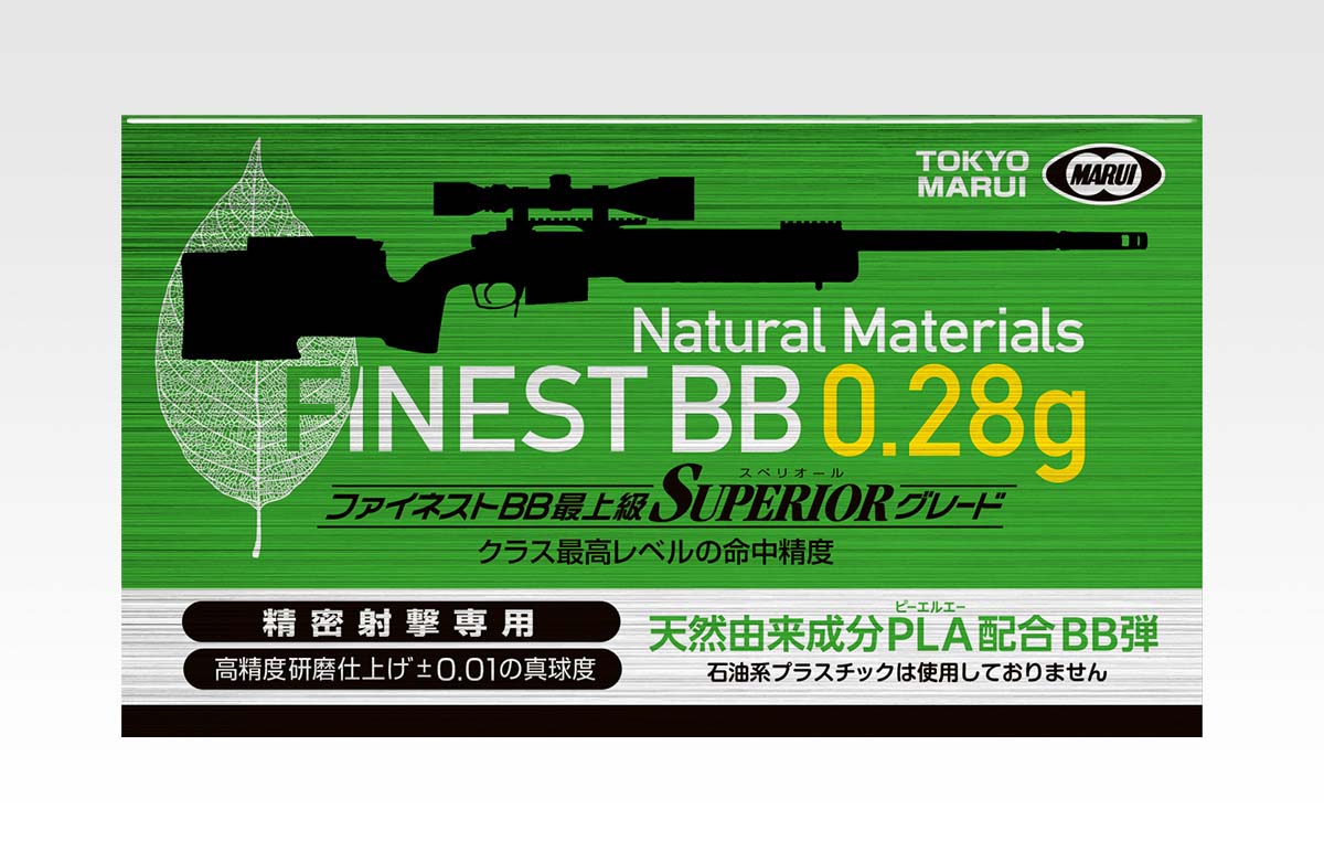 【返品種別B】□「返品種別」について詳しくはこちら□2023年10月 発売※画像はイメージです。実際の商品とは異なる場合がございます。【商品紹介】東京マルイ ファイネストBB 0.28g弾（500発）です。ボルトアクションエアーライフルに最適な精密射撃用BB弾・天然由来成分のBB弾植物性由来の素材（PLA）、硫酸バリウム（ミネラル成分）とでん粉、添加物で構成された、天然由来成分配合のBB弾です。・超真球度を実現スチールベアリング製造工法による高精密加工を採用し、直径5.95mm（誤差プラスマイナス10ミクロン以内）を実現。弾の個体差も格段に減少しています。・直進性UP点をねらえる命中精度と安定性を極限まで追求しました。・精密射撃競技にも最適サバイバルゲームから精密射撃まで、はば広く対応しています。【パッケージ内容】BB弾【商品仕様】PLA配合スチールベアリング製造工法採用重量　：　0.28 g規格　：　6mm BBパッケージサイズ　：　横100 x 縦58 x 厚27 mm模型＞モデルガン・エアガン＞消耗品・メンテナンスパーツ＞BB弾・弾速計・ローダー
