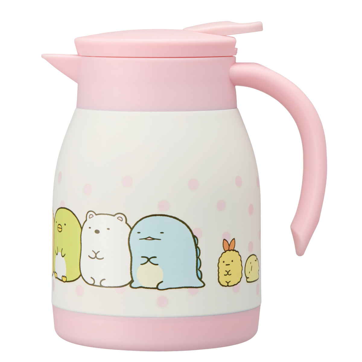 【返品種別A】□「返品種別」について詳しくはこちら□すみっコぐらしのかわいい卓上ポット◆すみっコぐらしのデザインがかわいい、ステンレス製卓上ポット600mlです。◆容量約600mlと、カップ2〜3杯分のドリンクを入れられます。◆ステンレス二重構造で保温・保冷効果に優れており、ドリンクの温度を長時間キープします。◆レバーをプッシュして片手で簡単に注げます。◆パッキン付きのスクリュー蓋となっており、しっかり閉まって安心です。◆パッキンは取り外して洗えるので衛生的です。◆広口口径なので氷を入れやすく、お手入れもしやすく衛生的です。■　仕　様　■サイズ(約)：高さ16.4cm直径10.9cm重量(約)：410g容量(約)：600ml材質…内びん：ステンレス鋼胴部：ステンレス鋼（アクリル樹脂塗装）フタ・ハンドル・底部：ポリプロピレンレバー：ABS樹脂パッキン：シリコーンゴム内容量：1個保温効力(約)：54度以上(10時間)食器洗い乾燥機：使用不可電子レンジ：使用不可[392649スケタ]スケーター調理家電＞水筒・マグ・弁当箱＞ランチジャー・保温弁当箱＞関連商品
