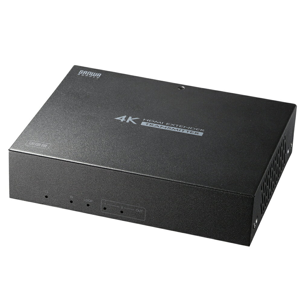 【返品種別A】□「返品種別」について詳しくはこちら□2026年07月 発売◆HDMI信号を2分配して、LANケーブル1本で長距離延長できるHDMI分配エクステンダー（送信機）です。◆4K/60Hz映像は最大120m、フルHD映像は最大150mの長距離伝送が可能です。◆送信機側にHDMI出力を搭載し、手元で映像を確認しながら同時に延長先へ出力できます。◆送信機側から受信機側に対しLANケーブルを経由して電源供給を行うPoC（Power Over Cable）機能により、受信機側にはACアダプタ接続が必要ありません。受信機設置環境の近くに電源がない場合でも本製品を設置することができます。◆HDMI音声を同軸デジタルに分離出力し、AVアンプなどの音響機器に接続可能です。 ◆赤外線リモコン伝送にも対応。送信機側から受信機側機器を操作、または受信機側から送信機側機器を操作が可能。◆壁面設置に便利なウォールマウント対応筐体で、すっきりとした設置が可能です。◆HDCP（High-bandwidth Digital Content Protection）対応製品です。※本製品はカテゴリ6/6aストレートケーブルを1本使用します。別途ご購入ください。◆【注意】・LANケーブルはケーブル仕様が24AWG/23AWG以上の太さを持つ単線仕様の製品をご使用ください。・推奨ケーブルサンワサプライ製KB-T6TSシリーズ（カテゴリ6）・KB-T6ATSシリーズ（カテゴリ6A）KB-T6L-CB100N（100m）/300N（300m）（カテゴリ6）・電力供給が安定しない場合、別売りのACアダプタ（P-VGA-AC5） で安定供給することもできます。・同軸デジタルでの音声出力は最大192kHz/24bitまで対応しています。HDMI音声出力も同時出力されます。・ディスプレイもHDCPに対応している必要があります。■　仕　様　■対応機器:HDMI出力端子を標準搭載している映像機器・家庭用ゲーム機・パソコン対応出力機器:対応受信機/VGA-EXHDPOCR(サンワサプライ製)送信機側/HDMI入力端子を標準搭載しているテレビ・パソコン用ディスプレイなど※EIZO製モニタについては動作保証対象外。インターフェース:送信機入力/HDMIタイプA(19pin)メス×1出力/RJ-45メス×2　　HDMIタイプA (19pin)メス×1　　同軸デジタル×1赤外線/IR IN(3.5mmステレオミニジャック)×1　　　IR OUT(3.5mmステレオミニジャック)×1分配内容:2分配対応入力信号:HDMI対応出力信号:HDMI最大解像度:4K/4096×2160・3840×2160(60Hz、4:4:4)　最大120mまで1080p/1920×1080(60Hz)　最大150mまで※LANケーブルにより延長できる距離・解像度が異なります。主な対応解像度:4K/4096×2160・3840×2160（60Hz、4:4:4）4K/4096×2160・3840×2160（30Hz、4:4:4）1080p（1920×1080）720p（1280×720）データレート(最大):18Gbit/s対応LANケーブル:CAT6AストレートCAT6ストレート※本製品はディスプレイ1台への出力につきカテゴリ6A/6ストレートケーブルを1本使用します。対応音声フォーマット:LPCM2.0HDMI規格:HDMI Ver2.0bHDCP:HDCP1.4HDCP2.2※ディスプレイもHDCPに対応している必要があります。機器間制御（CEC):非対応消費電力(最大):18W動作温度:0〜40℃保管温度:-20〜60℃動作湿度:0〜80％（結露なきこと）保管湿度:0〜80％（結露なきこと）セット内容:送信機×1ACアダプタ(DC24V/1A)×1赤外線受信機(約1.5m)×1赤外線発信機(約1.5m)×1壁面取付け金具×2壁面取付け金具用ネジ×4アース線(約1m)×1取扱説明書(保証書付き)×1エクステンダー分類:HDMI接続構成:1:2対応受信機：VGA-EXHDPOCR[VGAEXHDPOCL2]サンワサプライオーディオ＞AVアクセサリー＞AVセレクター＞HDMIセレクター