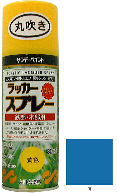 【返品種別B】□「返品種別」について詳しくはこちら□※画像は代表画像です。※色はお使いのモニター設定、お部屋の照明等により実際の商品と色味が異なる場合がございます。※本製品にはフロンガスや鉛含有物を使用していません。◆作業効率が良い、超速乾(夏期15分)タイプ。◆強靭な塗膜が美しいつやを長期間保ちます。◆ノンフロン、脱トリエン、脱キシレン、鉛フリーで安心して使用できるスプレーです。■　仕　様　■容量：300ml色：青塗り面積(約)：0.6〜0.8m2(タタミ0.4〜0.5枚分)(2回塗り)うすめ液：不要(エアゾールタイプ)表面乾燥時間(約)：15分(20℃)、30分(冬期)用途・・・　鉄部：自転車、バイク、農機具、ロッカー、スチール製品、シャッター、 物置、門扉、鉄柵など　木部：工作品、外板、ガーデニング用品、木製品など[9022227サンデペイント]サンデーペイントアウトドア＞DIY・工具＞工事・照明用品＞塗装・内装用品