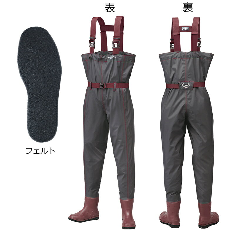 【返品種別A】□「返品種別」について詳しくはこちら□2023年06月 発売※縫製品のため、サイズや自重は誤差がございます。チェスト丈の透湿ウェダー深場や波しぶきも安心な胸までのチェストウェダー。ショート丈のブーツに透湿防水「ブリザテックPC」加工生地を使用。ブリザテックPCは、透湿防水機能が備わった従来のブリザテックに特殊PC加工を施すことにより加水分解による劣化を抑制。ベルトにはブラツキを抑える肩ベルトカンと軽量・高強度なYKKのLB-LVバックルを採用。「ブリザテック(R)/Breathatec(R)」は東レコーテックス株式会社の登録商標です。■　仕　様　■カラー：アッシュグレーサイズ：3L/4L足サイズ：28〜29.5cm自重(約)：1.9kgブーツ部履口内径(約)：40cm底：フェルトサイズ身長足サイズウエスト股下3S/SS140〜150cm22〜23.5cm67〜82cm74cmS160〜165cm24〜24.5cm71〜85cm76cmM165〜170cm25〜25.5cm72〜88cm78cmL170〜175cm26〜26.5cm74〜89cm80cmLL175〜180cm27〜27.5cm76〜92cm83cm3L/4L180〜190cm28〜29.5cm80〜96cm86cm5L/6L190〜195cm30〜31.5cm90〜115cm88cm[PX32023L4L]プロックスアウトドア＞フィッシング＞ウェーダー