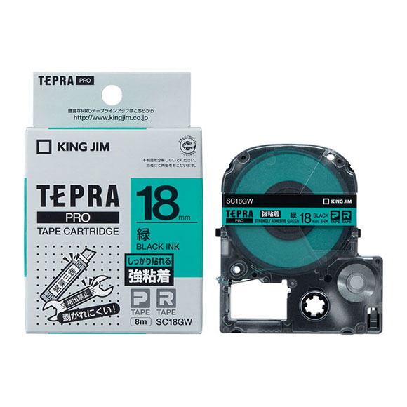 キングジム PRO テープカートリッジ 強粘着ラベル (18 幅/緑テープ/黒文字) KING JIM TEPRA(テプラ)PROシリーズ SC18GW