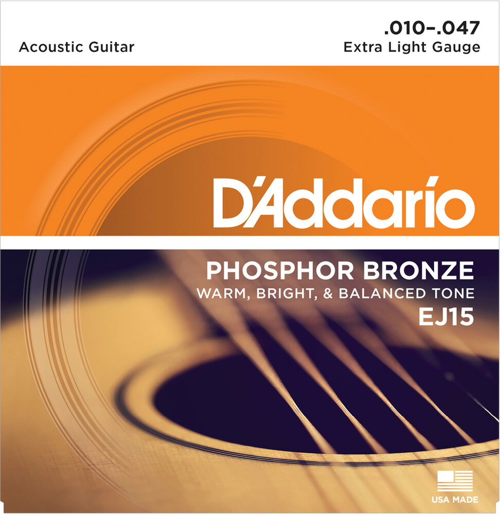 ダダリオ アコースティックギター弦（Extra Light .010-.047） EJ-15 D'Addario　PHOSPHOR BRONZE