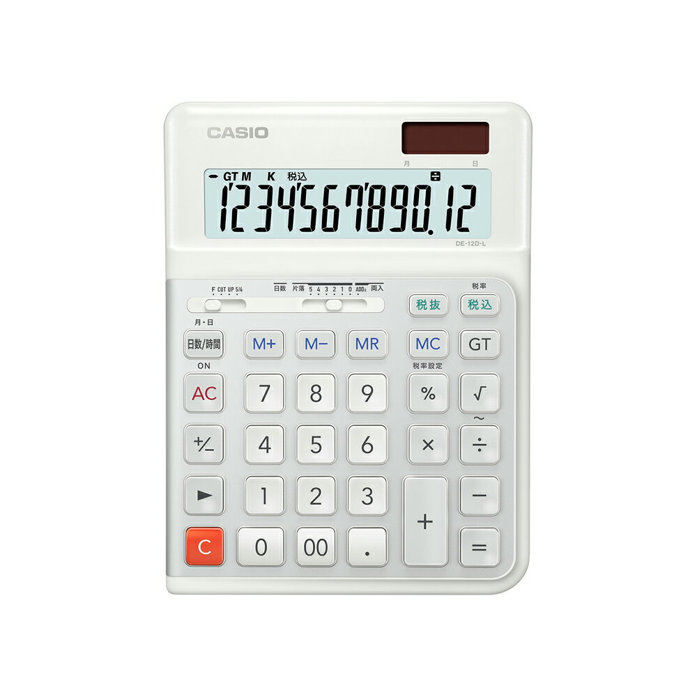 【返品種別A】□「返品種別」について詳しくはこちら□2024年03月 発売メーカー保証期間 5年◆人に寄り添ったやさしいデザイン曲線を多用することで、全体的に丸みのある柔らかな印象のデザインに。使っていて心地よいカタチを目指しました。操作面に角度をつけたことにより生じる高低差を曲線で処理することで、新しさを感じさせながらも電卓として違和感のない造形に仕上げました。角の丸みのサイズを右側だけ小さくしたり、アルミパネルの位置をずらして配置するなど左右非対称にすることで個性を演出しています。裏面に、どの方向から持っても指がかかりやすいように波紋状に溝を配置。使いやすさを追求し、普段目につかない部分にも気を配ってデザインしています。◆早打ちにこだわったキー性能入力時、キーから指を離す前にキーを押しはじめても、次の次のキーまでしっかり認識。(3キーロールオーバー)長年のノウハウを活かしスピーディーに計算をするためのキー配列を追求。さらに、人間工学に基づきキーのカタチを指の動きに合わせて配列ごとに変え、快適な操作を実現。指になじみやすいなめらかな表面仕上げ。さらに、数字が消えない2色成型構造を採用。(一部キーを除く)◆ストレスなく使える快適性能タッチ音が気にならない静音設計。デスクワークやテレワーク、簿記などの試験にも最適。本体裏面に大型ストッパーを4個採用。操作時のすべりを抑え快適な計算を可能に。ソーラーと内蔵電池のツーウェイ・パワー方式。計算中に光がさえぎられても計算内容を保護。◆計算ミスの防止に役立つ視認性計算状態（＋−×÷）を常に画面表示し、計算ミスを軽減。文字が大きく見やすい大型液晶が正確な計算をサポート。■　仕　様　■桁数 ： 12桁液晶ディスプレイ ： 計算状態表示 / 3桁位取り表示キーの機能 ： 早打ち機能（3キーロールオーバー） / ツーゼロ（00） / 桁下げ（バックスペース：＆#9658;） / サインチェンジ（符号切替）電池/寿命 ： T・W・P（ソーラー・電池の2電源） / CR2025 / 約7年メモリー ： メモリー数 2 / 総合計（グランドトータル計算） / 独立メモリー（M＋、M−、MR、MCキー方式）サイズ(約) ： L188.0 × W140.0 × H35.0 mm重量(約) ： 310g (電池含む)計算機能 ： 四則計算 / 四則定数計算 / マルチパーセント計算 / 平方根（ルート） / 概数計算[DE12DLWEN]OAサプライ/OA機器＞電卓＞卓上電卓＞11桁以上