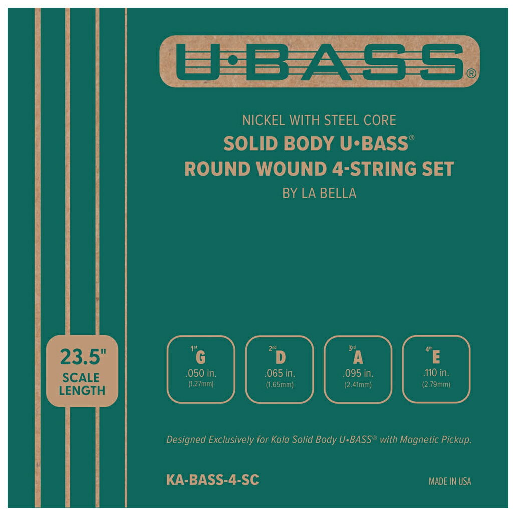 【返品種別A】□「返品種別」について詳しくはこちら□※従来のAcoustic Electric U-BASSにはご使用いただけませんSolid Body U-BASS Strings◆Solid Body U-BASS Strings by La Bellaは、マグネットピックアップを搭載したKALA Solid Body U-BASS専用設計の弦です。◆スチールの芯線にニッケルの巻き線がワウンドされたKA-BASS-4-SCは、歯切れの良い中音域をもったトーン・バランスの取れたセットです。◆Electric Solid Body U-BASS専用スチール・コア弦◆23.5インチ・スケール用設計■　仕　様　■Nickel Round Wound1st：0.0502nd：0.0653rd：0.0954th：0.110[KABASS4SC]カラ楽器・レコーディング＞ギター/ベース＞弦＞エレキベース弦