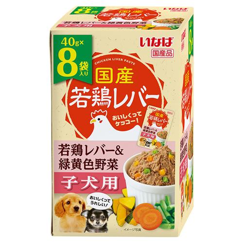 【返品種別B】□「返品種別」について詳しくはこちら□※仕様やパッケージは、リニューアルなどの理由で変更になっている場合がございます。予めご了承下さい。※お手元に届きました商品(パッケージ)の原材料や成分などの仕様を、必ず開封前にご確認の上、ご使用下さい。原材料に含まれる紅麹色素に関するメーカーからのお知らせはこちらをご確認ください。◆食べやすくミンチ状にした若鶏レバーに、わんちゃんの好きな緑黄色野菜をトッピングしました。◆子犬の健康に配慮してミルクカルシウムとオリゴ糖入り。◆鉄分やビタミンAが豊富なレバーを使用しています。◆いつものごはんのトッピングに。■原材料：鶏肝、野菜(人参、かぼちゃ、いんげん)、チキンエキス、寒天、酵母エキス、タンパク加水分解物、ミルクカルシウム、オリゴ糖、増粘安定剤(加工でん粉、増粘多糖類)、キトサン、ビタミンE、紅麹色素■保証成分：たんぱく質6.5％以上、脂質1.6％以上、粗繊維0.3％以下、灰分1.2％以下、水分90.0％以下■エネルギー：約24kcal/袋原産国：日本いなばペットフード広告文責：上新電機株式会社(06-6633-1111)日用雑貨＞ペット＞犬＞ドッグフード＞犬年齢＞幼犬・子犬