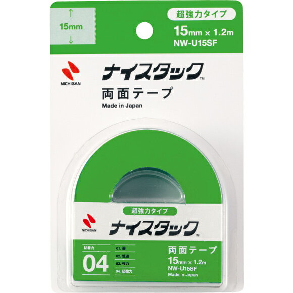 【返品種別A】□「返品種別」について詳しくはこちら□「おひとり様10点まで」◆特殊な発泡アクリルフォームの基材と強力な粘着保持性粘着剤を使っており、群を抜いて強力です。◆巻心は再生紙を使用しています。ホルダーはミシン目つきで、分別廃棄がしやすいです。◆フック、ハンガーの取付、ネームプレートの固定に。■　仕　様　■サイズ（mm×m）：15×1.2基材：アクリルフォーム粘着剤：アクリル系はく離紙：紙備考：小巻、耐荷重15×15mmあたり400g※カッターは付いていません。※フックやハンガーなどは、貼ってから約24時間経過した後に使用してください。[ナイスタクU15SF]OAサプライ/OA機器＞オフィス事務用品・文房具＞ステーショナリー＞テープ
