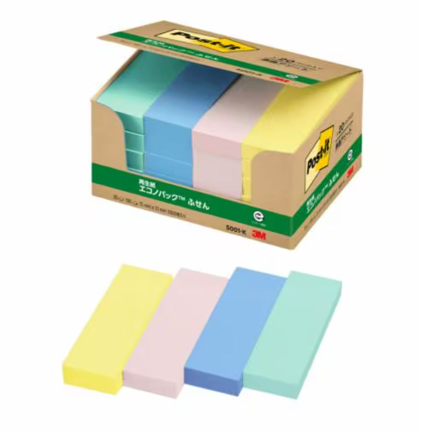 【返品種別A】□「返品種別」について詳しくはこちら□◆オフィスの定番、ポスト・イット 通常粘着ふせん/粘着メモ。◆くり返し貼ったりはがしたりでき、相手をいためません。◆ちょっとしたメモや情報の分類作業など、用途に合わせてお選びいただけます。◆水分散性粘着剤を使用しています。■　仕　様　■カラー：イエロー、グリーン、ピンク、ブルーサイズ：75mm x 25mm[5001K]OAサプライ/OA機器＞オフィス事務用品・文房具＞事務用品＞付箋・見出し＞付箋（ふせん）