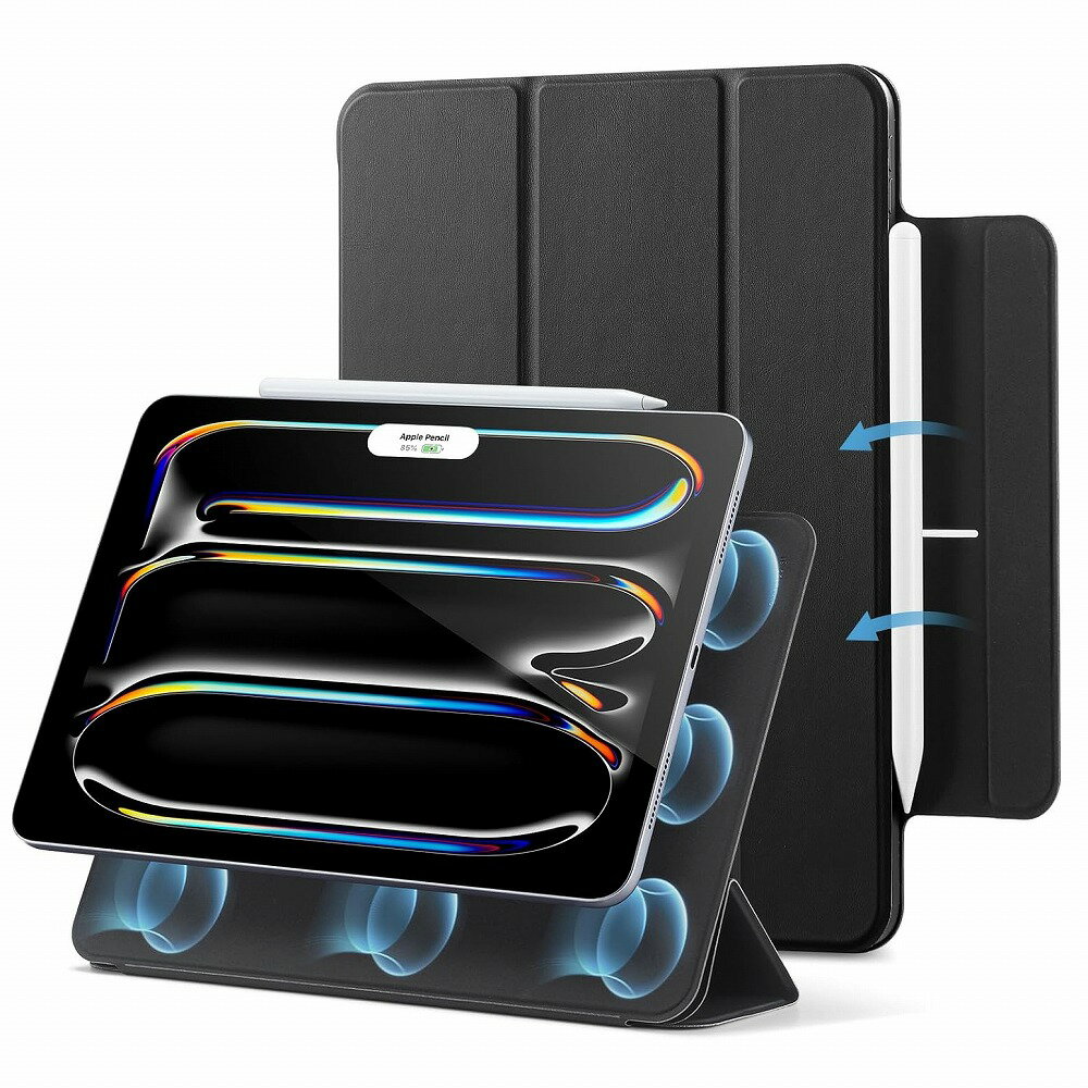 ESR iPad Pro 13インチM5(2025) M4(2024)用 Rebound Magnetic 強力マグネット吸着式のスリムな三つ折りスタンドケース(ブラック) ESR511