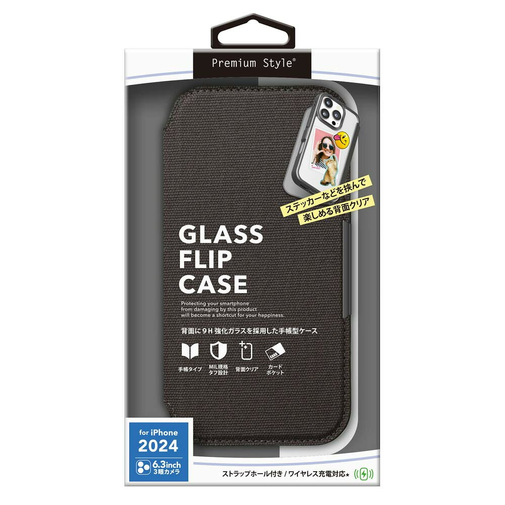 PGA iPhone 16 Pro用 ガラスフリップケース（キャンバス/チャコールグレー） PG-24BGF07GY