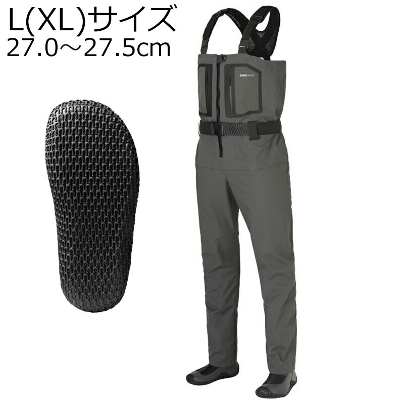 【返品種別A】□「返品種別」について詳しくはこちら□優れたフィット感と軽快さ・水切れを実現。シマノ初の透湿防水ストレッチ素材ドライシールド+。4層生地で高い耐摩耗性、高い透湿性を維持。ストレッチ生地でより体にフィットしたサイズが選択でき、開脚、しゃがみ込み時のツッパリを軽減、水切れに対しても優れた性能を発揮。アングラーの実使用に耐えうる高スペック、シマノ独自基準のDRY SHIELD+に適合。今回ウェーダーに採用した生地は、シマノ独自の実釣における耐久性を検証した防水透湿基準DRY SHIELD+に適合しています。その中でも今回の生地は、高い耐摩耗性を持ちながらも伸縮性を兼ね備えていることが最大の特徴です。ウェーダーにありがちなゴワつき感が少なく、膝周りの動きも快適です。釣り場へアクセスする際のちょっとした段差や階段なども楽に昇り降りできるため、アングラーの身体への負担を軽減します。加えて高い透湿性も誇っているため、内部の蒸れも軽減される素材です。長時間の釣行や気温が高くて汗をかいたときでも、快適なウェーディングをサポートしてくれます。◆透湿防水でストレッチ性のある生地を採用シマノの中ではトップランクの耐摩耗性◆フロントバックル◆伸縮性のあるファスナー付き胸ポケット◆別売りBS-204Vを取り付け可能※アクセサリー(BS-204V・バーサタイルサコッシュ)は付属しません。■　仕　様　■サイズ：L(XL)サイズ目安足サイズ：27.0〜27.5cm股下：79cmソールタイプ：ラジアル[599063シマノ]シマノアウトドア＞フィッシング＞ウェーダー