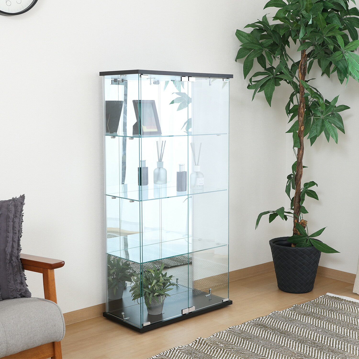 不二貿易 隠しキャスター付ガラスコレクションケース BAAL ワイド（ブラック） 63936 背面ミラー 幅600mm × 奥行300mm × 高さ1195mm TMG-G346-SL [63936フジボウエキ]