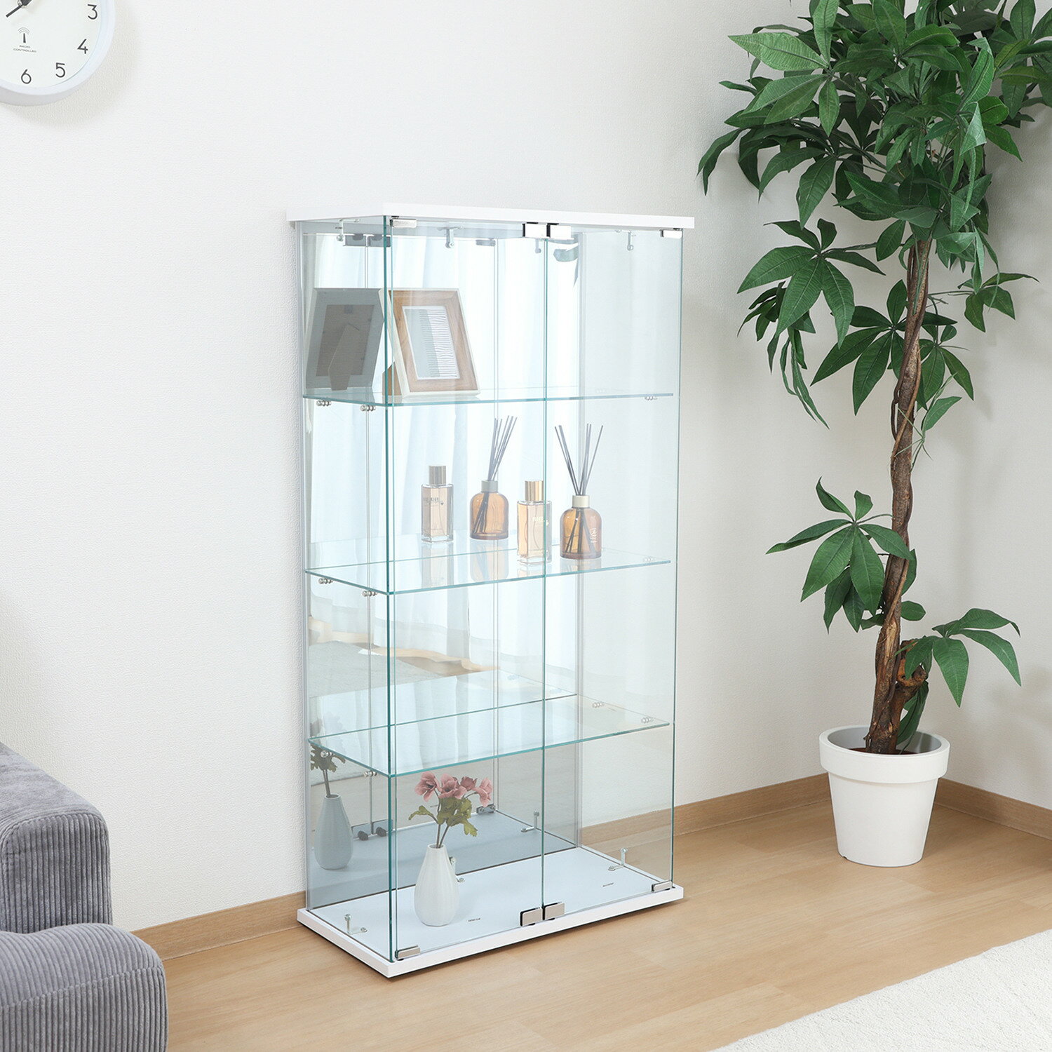 不二貿易 隠しキャスター付ガラスコレクションケース BAAL ワイド（ホワイト） 63937 背面ミラー　幅600mm × 奥行300mm × 高さ1195mm　TMG-G346-SL [63937フジボウエキ]