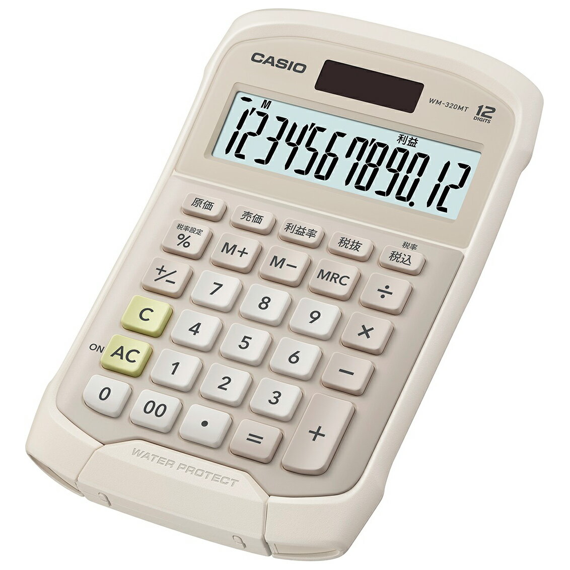 【返品種別A】□「返品種別」について詳しくはこちら□2025年01月 発売メーカー保証期間 1年◆防水電卓NEWカラー「警告色」を使用せずに防水感を表現。街中でも違和感のないものとして、アウトドアをキーワードとしたカラーリング。(現行カラーは継続中です。)◆キーがはずせて水で洗える防水・防塵仕様を必要とする仕事や、本体が汚れる環境にある方に。■　仕　様　■表示桁：12桁使用電池：CR2032×1本体サイズ(約)：幅108.5×奥行168.5×高さ33.4mm本体重量：約175g計算機能：税計算/原価・売価・粗利率/マルチ％/四則定数計算/概数計算/サインチェンジ/アドモード計算電源：2Way電池寿命：約7年＜メモリ＞メモリー：1キー数：3キーGTメモリー：なし[WM320MTBEN]OAサプライ/OA機器＞電卓＞卓上電卓＞11桁以上