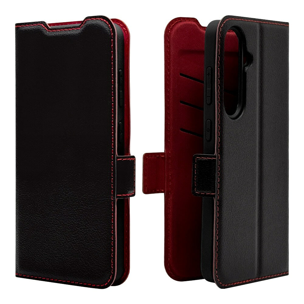 ラスタバナナ Galaxy S25用 薄型手帳サイドマグネットケース（ブラック/レッド） 8738GS25BSMBKR