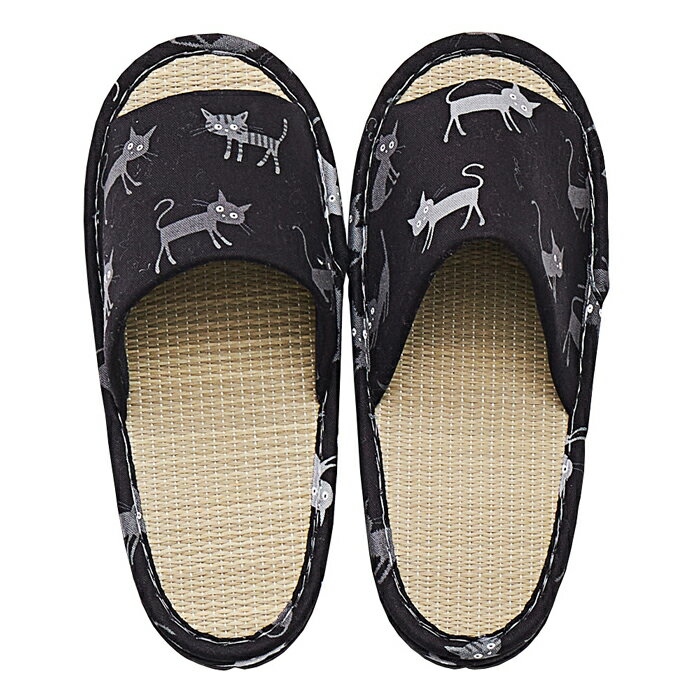 モノネコイグサ28BK HAGIHARA(萩原) 国産い草スリッパ モノネコ（28cm・ブラック） [モノネコイグサ28BK]