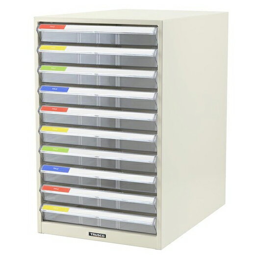 【返品種別A】□「返品種別」について詳しくはこちら□※設置場所の寸法を測り、ご注文の商品が設置可能かどうかご確認の上ご注文ください。◆カラー分類でスピーディーな検索ができます。◆8通りに使える見出しカード付です。◆小さなパーツの保管・整理に便利です。◆見出し面は見やすい45°の傾斜付です。■　仕　様　■間口：292mm奥行：411mm高さ：469mm色：アイボリー引出し色：透明引出し色：透明タイプ：鍵なしタイプ引出し：B4浅型10個引出し内寸間口：259mm引出し内寸奥行：382mm引出し内寸高さ：37mmオプション仕切り：(B4浅引き出し用タテ型5枚入り：BS-205)使用可能材質・・・本体：スチール引き出し：ポリスチレン(PS)樹脂[TB410Pトラスコ]OAサプライ/OA機器＞オフィス事務用品・文房具＞バインダー・ファイリング用品＞レターケース型収納