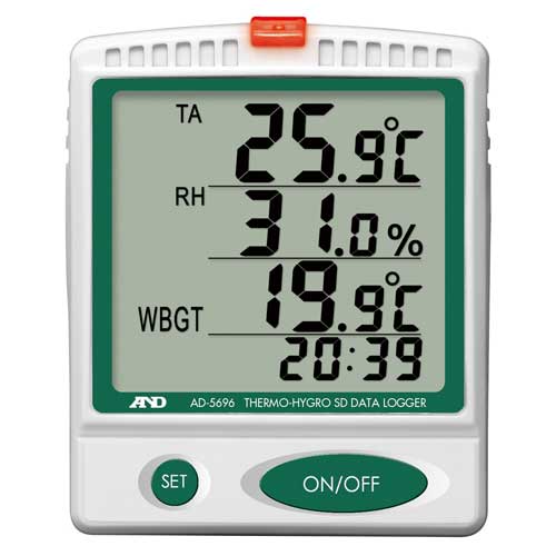 【返品種別A】□「返品種別」について詳しくはこちら□メーカー保証期間 1年◆温湿度SDデータレコーダー簡単に温度や湿度、熱中症指数（WBGT指数）などを記録し解析できるデータレコーダー作業環境や保存環境などの温度や湿度、熱中症指数（WBGT指数）などの履歴管理に。◆温度、湿度、熱中症指数（WBGT指数）、日付、時刻をSDカードに記録できます◆空き容量1GBのSDカードで、連続30年以上のデータが記録可能◆温度、湿度、熱中症指数（WBGT指数）の上限と下限をアラーム設定可能◆温湿度管理に　・屋内、または太陽照射のない屋外でご利用いただけます　・試薬や医薬・化粧品材料、分析・研究室の温湿度管理に　・化学薬品、化成品、材料の保存・物流時の温湿度管理に　・食品工場、厨房のT-T管理（温湿度と時間の管理）に■　仕　様　■測定範囲…　・気温（TA） ： 0〜50度（最小表示：0.1度） 　・相対湿度（RH) ： 20％RH〜90％RH（最小表示：0.1％RH）測定精度…　・温度（気温TA) ： ±1度（0〜50度）　・相対湿度（RH）： ±5％（30〜70％RH）/±10％（20.0〜29.9％RH、70.1〜90.0RH％）、25度時表示項目：熱中症指数（WBGT）、温度（気温TA）、相対湿度（RH）、時刻測定項目：温度（気温TA）、相対湿度（RH）熱中症指数（WBGT）の表示範囲：-2度〜62度（最小表示：0.1度）データロガー機能…　・記録項目 ： 日付、時刻、気温、相対温度、WBGT指数　・データ保存先 ： SDカード（最大2GB）、SDHCカード（最大4GB）（MMC、SDXCは非対応）電源：ACアダプタ または 別売単3形アルカリ乾電池3個　乾電池のみでの使用の場合、電池寿命約1ヶ月（記録間隔1分、アラーム動作無し、連続動作時、アルカリ電池使用時）本体寸法(約)：幅91×奥行30×高さ110mm質量(約)：140g（SDカード、電池含まず）付属品：お試し用SDカード、ACアダプタ、取扱説明書※データは、SDカード(最大2GB)、SDHCカード(最大4GB)に保存（MMC、SDXCは非対応）[AD5696]AアンドDシーズン・空調家電＞温度計・温湿度計・熱中症計＞温湿度計