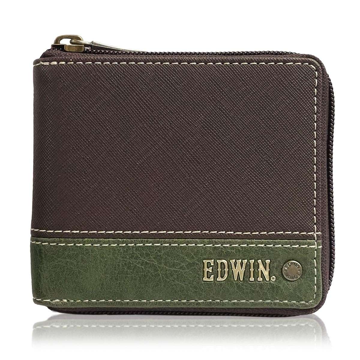 EDWIN 切替合皮 R-ZIP 二ツ折財布（ダークブラウン） 22269258-DBRN エドウィン