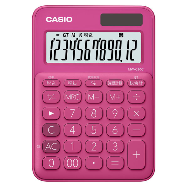 カシオ 電卓　12桁 （ビビッドピンク） CASIO　カラフル電卓　ミニジャストタイプ MW-C20C-RD