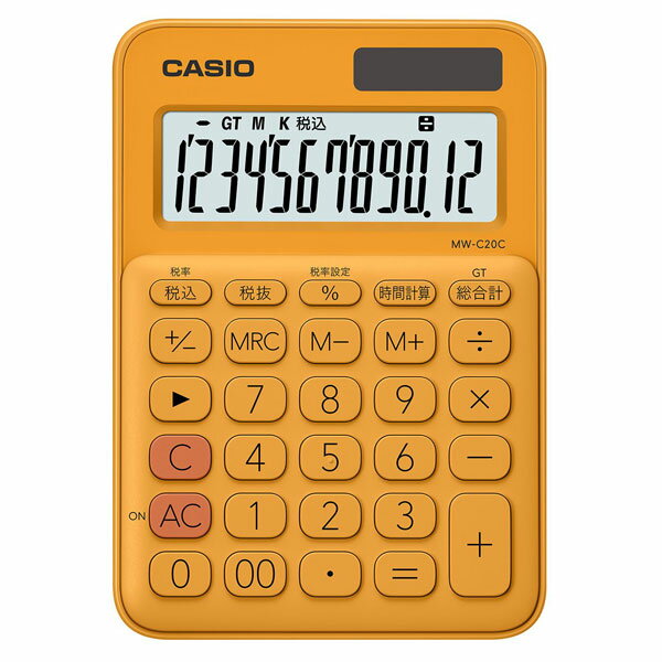 カシオ 電卓　12桁 （オレンジ） CASIO　カラフル電卓　ミニジャストタイプ MW-C20C-RG