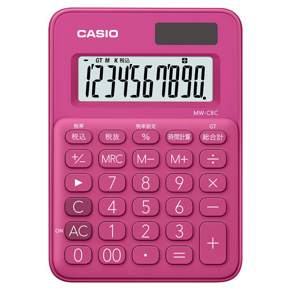 カシオ 電卓　10桁 （ビビッドピンク） CASIO カラフル電卓 時間計算付ミニミニジャストタイプ MW-C8C-RD