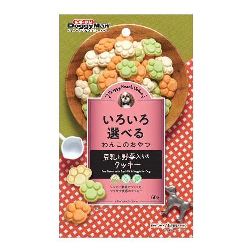 【返品種別B】□「返品種別」について詳しくはこちら□※仕様やパッケージは、リニューアルなどの理由で変更になっている場合がございます。予めご了承下さい。※お手元に届きました商品(パッケージ)の原材料や成分などの仕様を、必ず開封前にご確認の上、ご使用下さい。豆乳と野菜を加えた、ヘルシーなクッキー。特選素材を使ったバリュー感あふれるおやつです。◆イソフラボンを含む豆乳に加え、にんじんとほうれん草をミックス。◆ヘルシーな素材を使用して焼いた小さくてかわいいクッキーです。◆生後2ヶ月以上の愛犬に。【原材料】小麦粉、植物油脂、砂糖、タピオカでん粉、ミルクパウダー、野菜(にんじん、ほうれん草)、豆乳、ミネラル類(カルシウム、ナトリウム)、膨張剤、香料、着色料(黄4、黄5、青1)【保証成分】粗たん白質6％以上、粗脂肪12％以上、粗繊維1％以下、粗灰分1％以下、水分10％以下【エネルギー】480kcal/100g【給与方法】幼犬・超小型成犬(5kg以下)・・・5〜10個、小型成犬(5〜11kg)・・・10〜20個、中型成犬(11〜23kg)・・・20〜40個、大型成犬(23〜40kg)・・・40〜60個ドギーマンハヤシ広告文責：上新電機株式会社(06-6633-1111)日用雑貨＞ペット＞犬＞ドッグフード＞犬年齢＞成犬