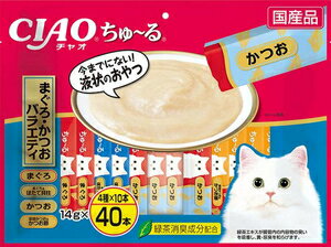 【返品種別B】□「返品種別」について詳しくはこちら□※商品画像とデザイン・カラーが異なる場合がございます。予めご了承下さい。原材料に含まれる紅麹色素に関するメーカーからのお知らせはこちらをご確認ください。◆液状おやつです。舐めて食べられるので、子猫や高齢猫ちゃんも食べやすいおやつです。◆まぐろ、まぐろ＆ほたて貝柱、かつお、宗田かつお＆かつお節の4種が各10本入っています。【原材料】まぐろ：まぐろ、まぐろエキス、タンパク加水分解物、糖類（オリゴ糖等）、植物性油脂、増粘剤（加工でん粉）、ミネラル類、増粘多糖類、調味料（アミノ酸等）、ビタミンE、緑茶エキス、紅麹色素まぐろ＆ほたて貝柱：まぐろ、ほたてエキス、ほたて貝柱、糖類（オリゴ糖等）、植物性油脂、増粘剤（加工でん粉）、増粘多糖類、ミネラル類、調味料（アミノ酸等）、ビタミンE、緑茶エキス、紅麹色素かつお：かつお、かつお節エキス、糖類（オリゴ糖等）、植物性油脂、増粘剤（加工でん粉）、ミネラル類、増粘多糖類、調味料（アミノ酸等）、ビタミンE、緑茶エキス、紅麹色素、カラメル色素宗田かつお＆かつお節：宗田鰹、かつお節、かつお節エキス、タンパク加水分解物、糖類（オリゴ糖等）、植物性油脂、増粘剤（加工でん粉）、増粘多糖類、ミネラル類、調味料（アミノ酸等）、ビタミンE、紅麹色素、カロテノイド色素、緑茶エキス【形状】ペースト【保証成分】たんぱく質7.0％以上、脂質0.2％以上、粗繊維0.1％以下、灰分1.7％以下、水分91.0％以下、約7kcal/本【内容量】14g×40本いなばペットフード広告文責：株式会社Joshin(06-6633-1111)日用雑貨＞ペット＞猫＞キャットフード