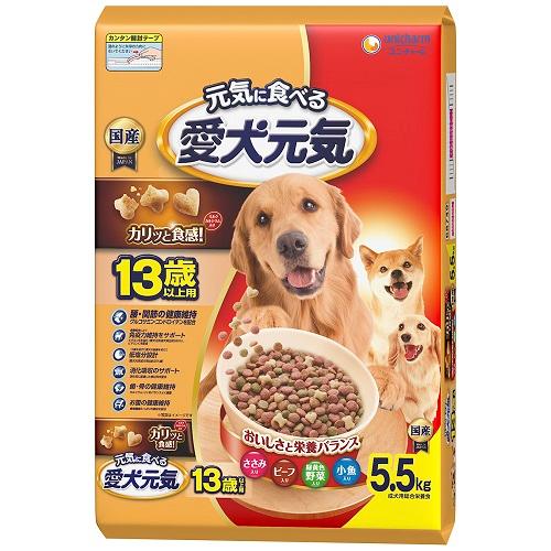 【返品種別B】□「返品種別」について詳しくはこちら□※仕様及び外観は改良のため予告なく変更される場合がありますので、最新情報はメーカーページ等にてご確認ください。※お手元に届きました商品(パッケージ)の原材料や成分などの仕様を、必ず開封前にご確認の上、ご使用下さい。◆カリッと新食感！　おいしさと栄養バランス。可愛らしいハート粒入り。◆13歳を過ぎた愛犬の健康を考えた栄養バランス。◆腰・関節の健康維持のために、グルコサミン・コンドロイチンを配合。◆消化吸収のサポートのために、消化性に配慮した原材料を配合。◆歯・骨の健康維持のために、カルシウム・リンをバランスよく調整。◆ビタミンEを強化し(愛犬元気7歳以上用比約125％)、さらにビタミンCを配合した総合栄養食なので、13歳以上の中・大型犬の健康維持に配慮し、免疫力維持をサポート。◆13歳以上の愛犬でも食べやすい粒サイズ。【原材料】穀類（トウモロコシ、小麦粉、フスマ、パン粉、コーングルテンミール等）、肉類（ビーフミール、チキンミール、チキンエキス、ササミパウダー、ビーフパウダー等）、動物性油脂、魚介類（フィッシュミール、乾燥小魚）、野菜類（ビートパルプ、ニンジンパウダー、カボチャパウダー、ホウレンソウパウダー）、豆類（脱脂大豆、大豆エキス）、ビール酵母、チーズパウダー、ミネラル類（カルシウム、塩素、コバルト、銅、鉄、ヨウ素、カリウム、マンガン、リン、亜鉛）、ビタミン類（A、B1、B2、B6、B12、C、D、E、K、コリン、ナイアシン、パントテン酸、ビオチン、葉酸）、グルコサミン塩酸塩、着色料（赤色102号、赤色106号、黄色4号、黄色5号、青色1号）、コンドロイチン硫酸、酸化防止剤（ミックストコフェロール、ハーブエキス）、ミルクカルシウム【保証成分】タンパク質19.0％以上、脂質7.5％以上、粗繊維4.5％以下、粗灰分8.5％以下、水分10.0％以下【エネルギー】約345kcalユニ・チャーム広告文責：上新電機株式会社(06-6633-1111)日用雑貨＞ペット＞犬＞ドッグフード