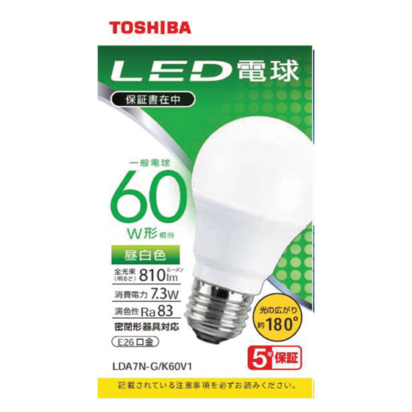 東芝 LED電球 一般電球形 810lm（昼白色相当） LDA7N-G/K60V1 TOSHIBA [LDA7NGK60V1]