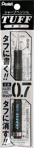 【返品種別A】□「返品種別」について詳しくはこちら□1999年12月 発売◆くっきり、すらすら、ガンガン書けるタフなシャープペンシル！　手になじみ、筆記感の良いシリコングリップ。全長30mmの繰り出し式大型消しゴム付きです。■　仕　様　■機構：ノック式（繰り出し式大型消しゴム付き）個装：ポリシース【材質】軸：ABS/グリップ：シリコンゴム/クリップ：鉄/先金：真鍮/消しゴム：スチレン系エラストマー芯径：0.7mm内蔵芯：2B軸色：ブラック[XQE7A]OAサプライ/OA機器＞オフィス事務用品・文房具＞シャープペンシル