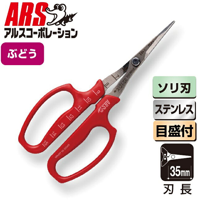 【返品種別B】□「返品種別」について詳しくはこちら□【こちらの製品につきまして】ご購入後の初期不良・不具合・修理などのアフターサポートにつきましては、下記窓口にご連絡ください。［アルスコーポレーションお問い合わせ先］電話番号：0120-833-202【受付時間】平日：9:00〜17:00(12:00〜13:00は休止しております)定休日：土・日・祝日・夏季休業・冬季休業初期不良・不具合につきましては、メーカーにて直接ご対応させていただく場合がございます。あらかじめご了承ください。ぶどう農家さんと開発した「細く薄い刃」のぶどう摘粒鋏◆耐久性を保ちつつ、房の狭いスキマにも刃先を入れやすい「細く薄い刃」を実現。◆刃の外側は丸みを帯びた形状、摘粒時に実を傷つけにくく、繊細な作業をサポートします。◆ソリ刃タイプは角度がついており、対象を狙いやすくなっています。超薄型の刃先で実と実のスキマに入れやすい◆耐久性を保ちながら、可能な限り「細く薄い刃」を実現しました。◆狙ったところにスッと入るので、摘粒・房づくり時にぶどうの実を傷つけにくいです。実を傷つけにくい形状◆刃先・外側ともに丸みを帯びた形状で摘粒時に実を傷つけにくくします。房のスキマを狙いやすい◆カシメからグリップまでを長くとった「ロングアーム」。◆実が育ち房が大きくなっても房のスキマに入り込みやすいです。消えにくい目盛り◆特殊な技術で印字を施した目盛りは、プリントよりも耐久性があります。にぎりやすいグリップ◆グリップは、手の大きさや様々な持ち方に対応できるよう指のフィット感を大切にした設計。◆ハードな作業による負担を和らげます。■　仕　様　■全長(約)：167mm刃長：35mm質量(約)：40g刃の鋼材：ステンレス鋼グリップ素材：PP[321DXMBPアルス]アルスコーポレーションアウトドア＞ガーデン・エクステリア用品＞ハサミ
