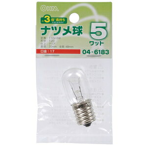 【返品種別A】□「返品種別」について詳しくはこちら□2009年06月 発売◆オーム社従来品に比べ、約3倍長持ちです◆屋内専用(屋外使用禁止）■　仕　様　■定格：110V-5W形状：T-20口金：E17仕上：クリアサイズ：直径20×全高48mm[LBT0705CLL]オーム生活家電＞電球・管球＞白熱電球＞一般電球＞ナツメ球・小丸電球・シャンデリア電球