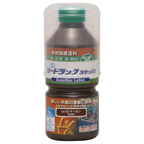 【返品種別B】□「返品種別」について詳しくはこちら□◆木目を生かした鮮明な発色、木材保護塗料。◆木の表面に膜を作らない、木に染みこんで保護する塗料です。◆臭いが少なく簡単に塗ることができ、ツヤのない落ち着いた仕上がりになります。◆ウッドデッキ、ガーデンテーブル、プランターなどの屋外木部などに。■　仕　様　■容量(約)：270mlカラー：マーロンサイズ(約)：横65×縦65×高さ151mm重量(約)：0.34kg塗り面積(約)：3m2(2回塗り)乾燥時間(約)：一晩養生/20℃塗り重ね(約)：2時間/20℃[800059ワシン]和信ペイントアウトドア＞DIY・工具＞工事・照明用品＞塗装・内装用品