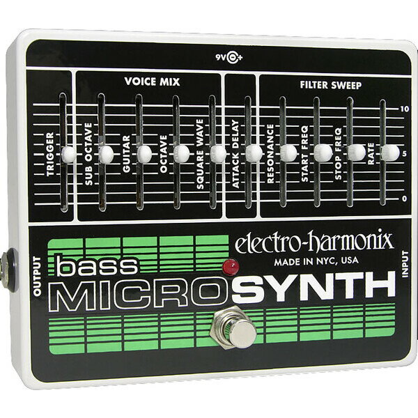 【返品種別A】□「返品種別」について詳しくはこちら□メーカー保証期間 1年Bass Micro Synthesizer◆Bass Micro Synthesizerは、ギター用マイクロシンセをベース用にチューニングした製品です。◆パーカッシブなサウンドから弓弾きの様な逆回転サウンドまで、10個のスライダーを操作することによって初期のムーグ・シンセサイザーに代表されるヴィンテージ・アナログ・シンセサウンドをコントロールすることができます。主な特徴・3-pole Analog Resonant Filter・4 Voice Mixer(Sub Octave/Original/Octave/Square Wave)・Filter Sweep(Resonance/Start Freq/Stop Freq/Rate)・True Bypass仕様■　仕　様　■サイズ：（幅）144×（奥行）119×（高さ）60mm質量：550g電源：9V DCセンターマイナスアダプター JP9.6DC-200（付属）[BASSMICROSYNTHESIZE]エレクトロ・ハーモニクス楽器・レコーディング＞楽器用アンプ/エフェクター＞エフェクター＞ベース用エフェクター