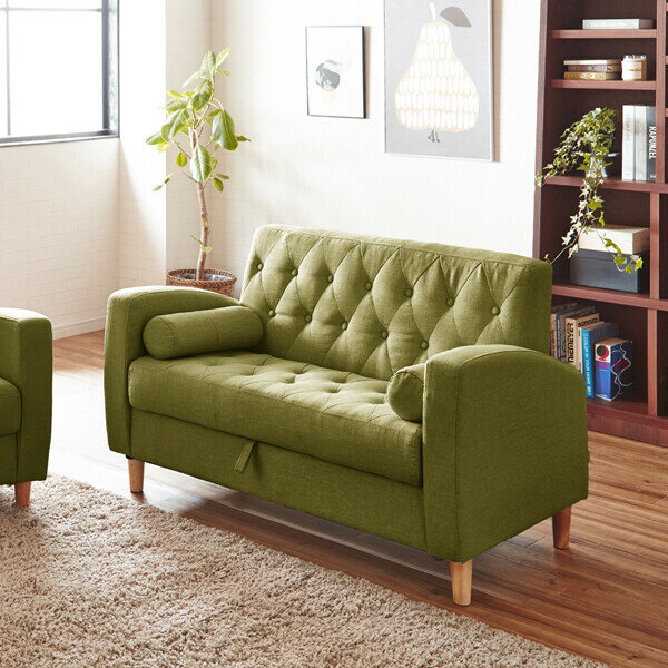 Floor Sofas - 後藤家具物産・大川リビング木工社 大容量の収納庫付き 北欧風2人掛ソファー(グリーン)ボルスタークッション2個付き　ファブリック地 座面下収納 SO-03-GR [他商品と同時購入不可]メーカー直送品(沖縄県・離島お届け対象外) [SO03GRオオカワ]
