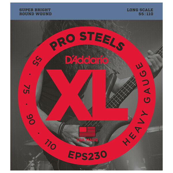 【返品種別A】□「返品種別」について詳しくはこちら□XL PROSTEELSXL ProSteelシリーズは、D'Addario弦の中でも最も磁力が強くブライトなサウンドのエレクトリックベース弦です。特殊な合金を使用することで、豊かな倍音成分と煌びやかで高域と低域のバランスに優れたサウンドで、スチール弦を使用するプレイヤーの理想ともいえる「ピアノ・トーン」を実現しました。ProSteelはスチール弦における全く新しいサウンドなのです。■　仕　様　■Long1st：0.0552nd：0.0753rd：0.0904th：0.110[EPS230]ダダリオ楽器・レコーディング＞ギター/ベース＞弦＞エレキベース弦
