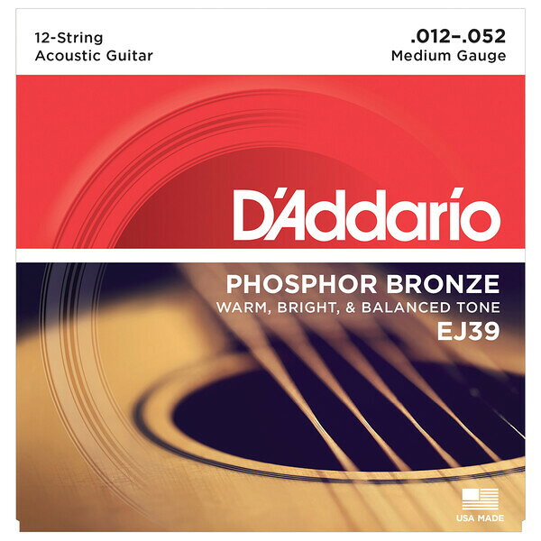 ダダリオ アコースティックギター弦（12-String / Medium .012-.030） EJ39 D'Addario　PHOSPHOR BRONZE