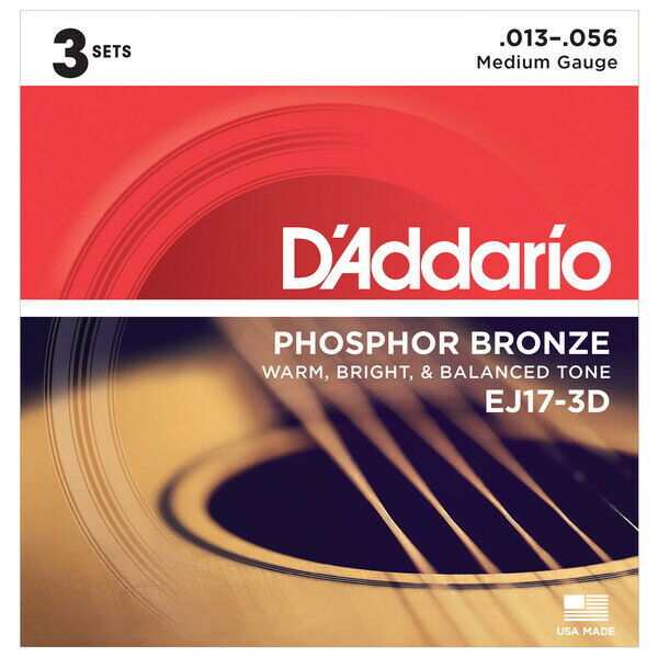 EJ17-3D ダダリオ アコースティックギター弦　3セット（Medium .013-.056） D'Addario　Multi-PacksPhosphor Bronze Wound