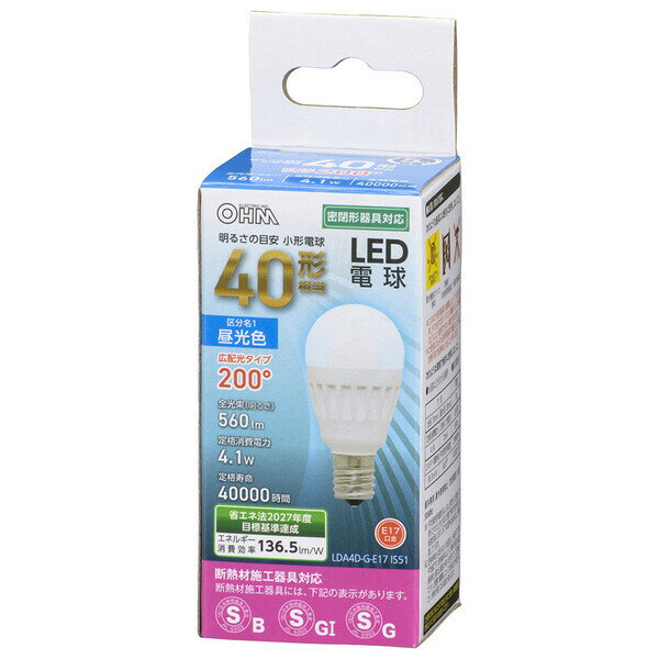 オーム LED電球 小形電球形 560lm（昼光色相当） LDA4D-G-E17-IS51 OHM（06-4476） LDA4DGE17IS51