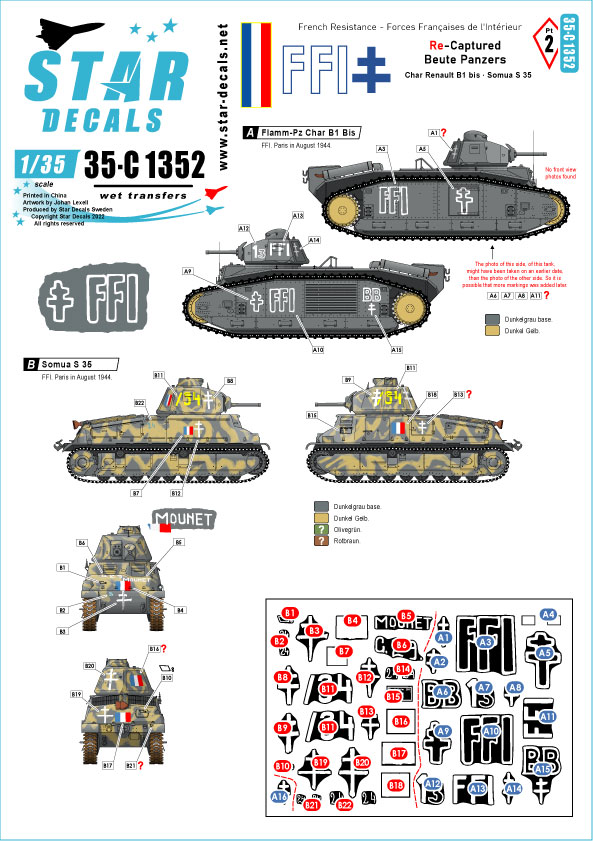 STAR DECALS 1/35 WWII FFI #2 FFI(フランス国内軍)に再鹵獲された仏製戦車 ルノーB1bis ソミュアS35 デカール【SD35-C1352】 デカール