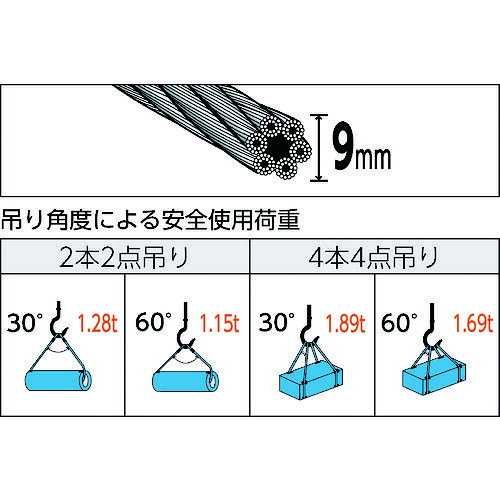 トラスコ中山 玉掛けワイヤーロープ 段落し 9mm×2.5m TWD-9S2.5
