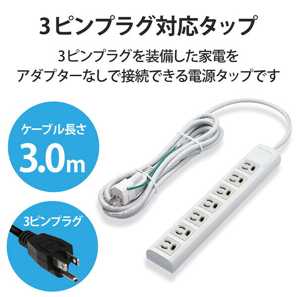 エレコム 抜け止めマグネット雷タップ 3Pプラ...の紹介画像2