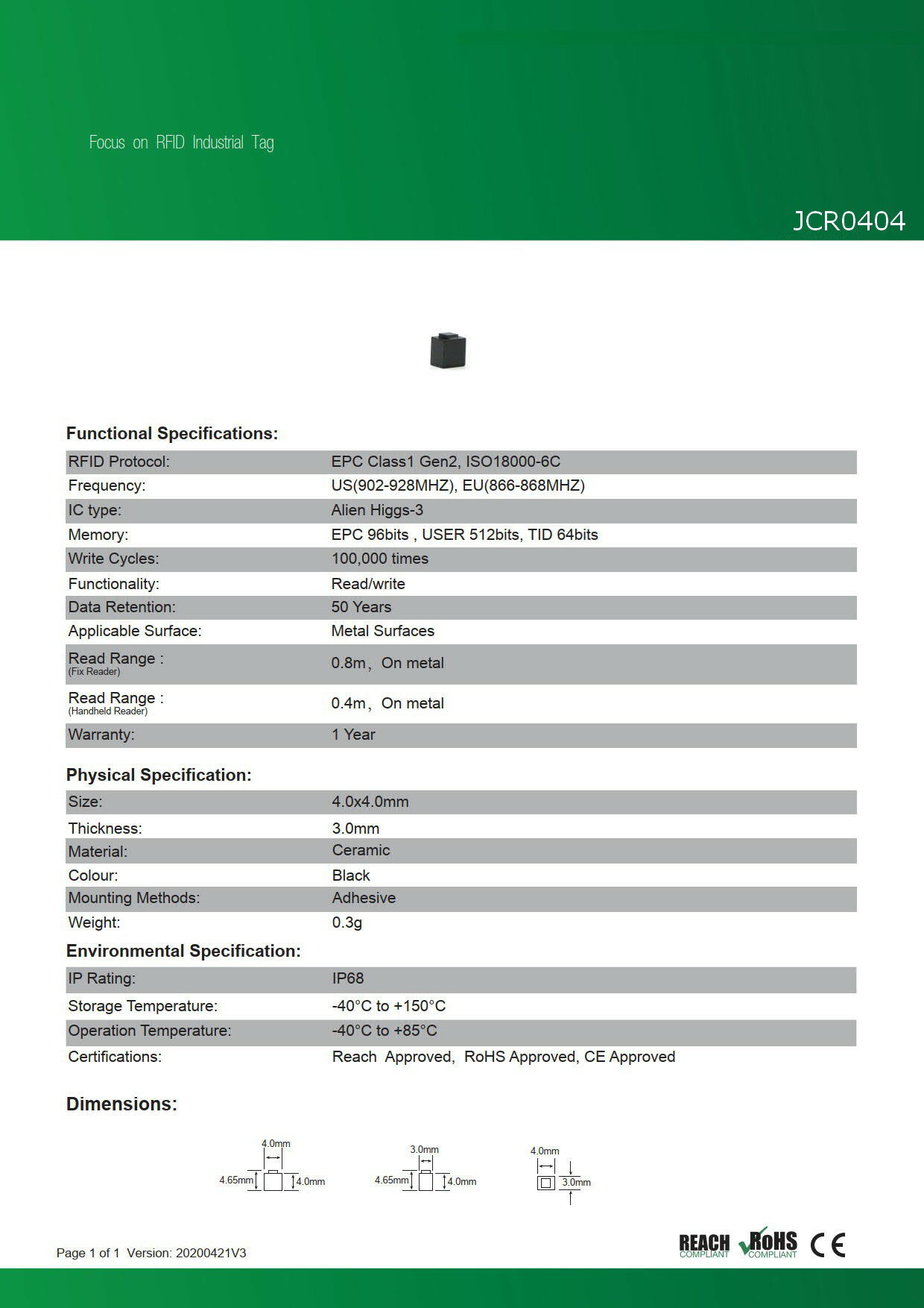 RFID ��°�б�������JCR0404�ۡ�Alien Higgs-3��UHF��/���ȿ���902MHz��928MHz/RFID/IC����/����ߥå�/�������ü쥿��