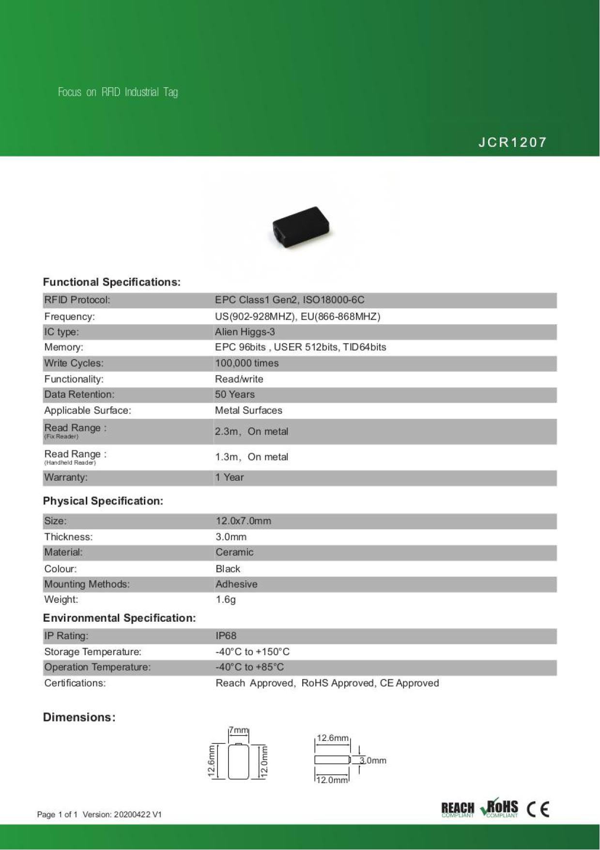 RFID ��°�б�������JCR1207�ۡ�Alien Higgs-3��UHF��/���ȿ���902MHz��928MHz/RFID/IC����/����ߥå�/�������ü쥿��/΢�̥ơ����դ���1�ġ�