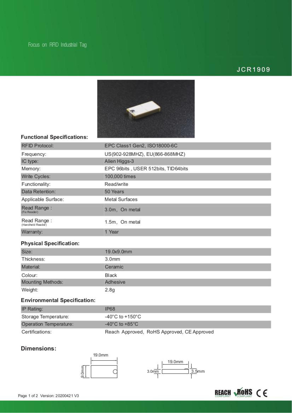 RFID ��°�б�������JCR1909�ۡ�Alien Higgs-3��UHF��/���ȿ���902MHz��928MHz/RFID/IC����/����ߥå�/�������ü쥿��/΢�̥ơ����դ���1�ġ�